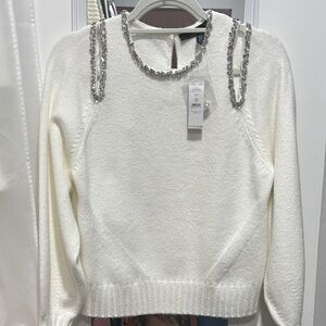 White House Black Market White Sweater with Silver Embellishments